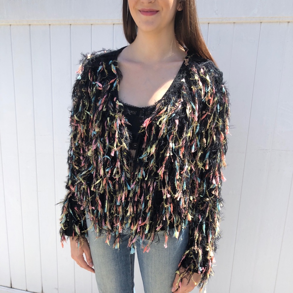 Black Colorful Fringe Cardigan XS